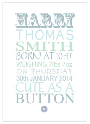 Personalised Baby Boy Cute as a Button Print