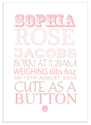 Personalised Baby Girl Cute as a Button Print