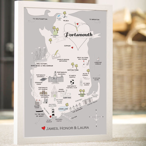 Personalised Map of Portsmouth in Grey