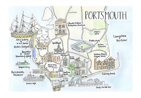 Watercolour Portsmouth Map Print